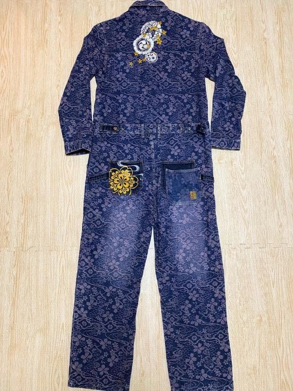 絡繰魂 KARAKURI TAMASHII 花柄刺繍オーバーオール ネイビー