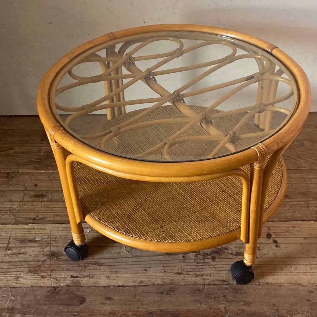ヴィンテージラタン ガラス サイド テーブル ローテーブル
