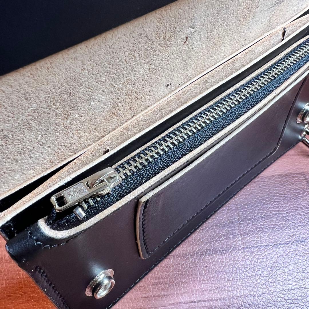 【トラッカーウォレット ロング 3層】 ブラック 姫路レザー シルバー YKK