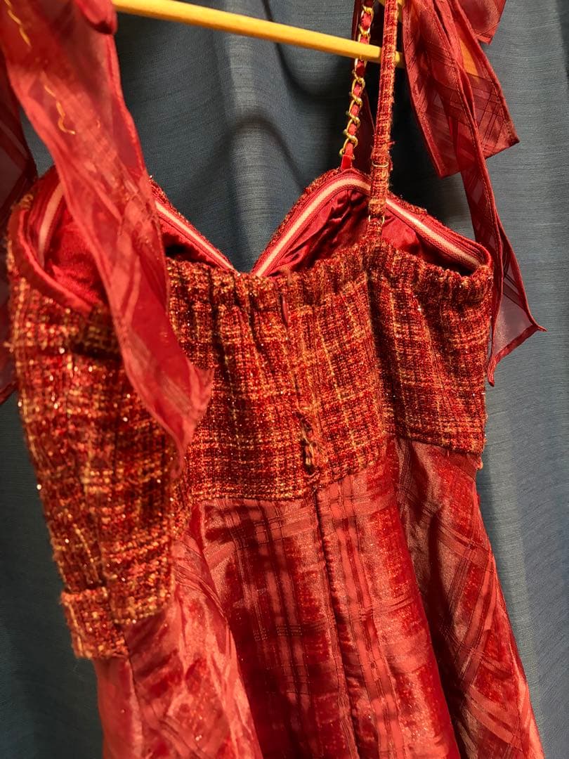 群*青様 ローブドフルール ツイード チェーンストラップ ミディドレス