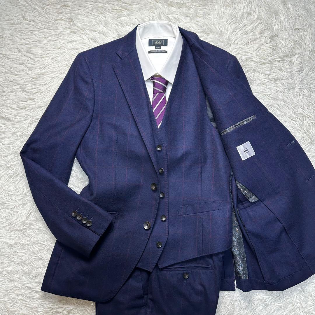 希少 極美品 スーツセレクト 3ピース ワインペン ウール100% ネイビーA6