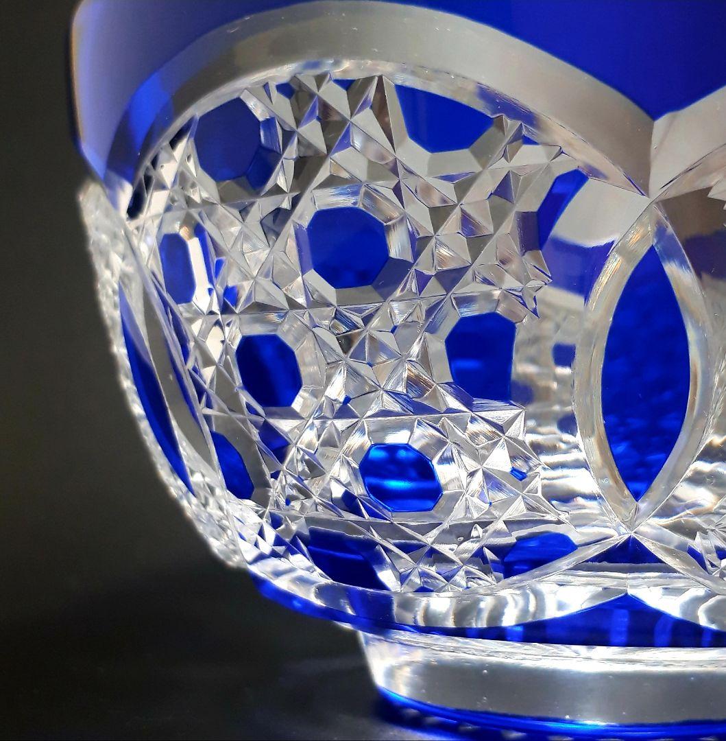 江戸切子　瑠璃色被せガラス　切子鉢　　　伝統工芸士 大友精三 作【美品 未使用】