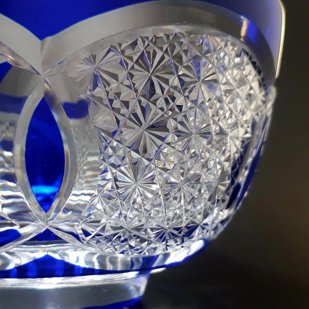 江戸切子　瑠璃色被せガラス　切子鉢　　　伝統工芸士 大友精三 作【美品 未使用】
