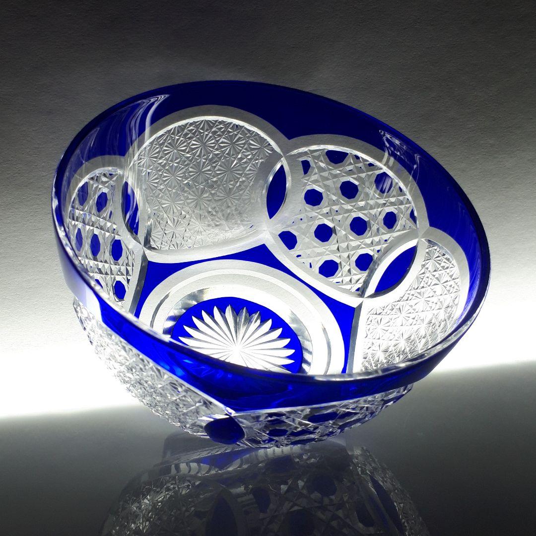 江戸切子　瑠璃色被せガラス　切子鉢　　　伝統工芸士 大友精三 作【美品 未使用】