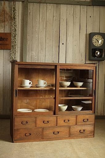 古い木製の格子ガラス戸棚×木製引き出し7杯　食器棚　水屋　キャビネット　古家具