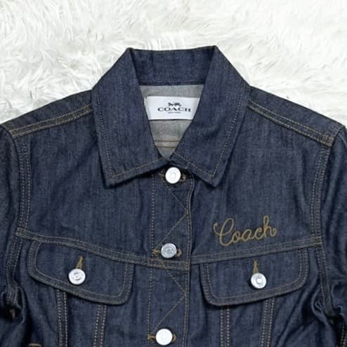 コーチ COACH デニムジャケット レディース 刺繍ロゴ レザー S ブルー