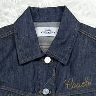 コーチ COACH デニムジャケット レディース 刺繍ロゴ レザー S ブルー