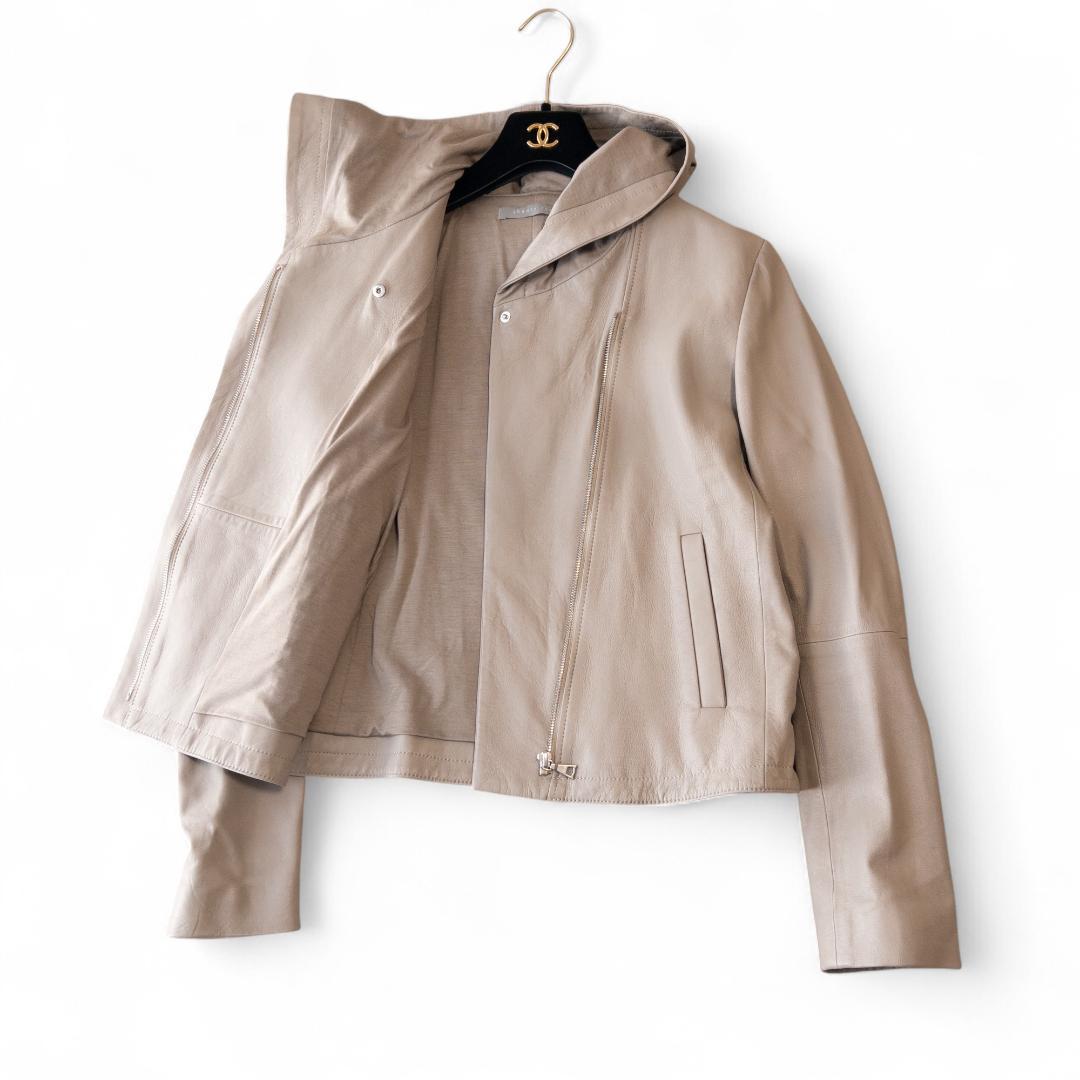 試着のみ セオリーリュクス ラムレザーフードブルゾン 40 グレージュ