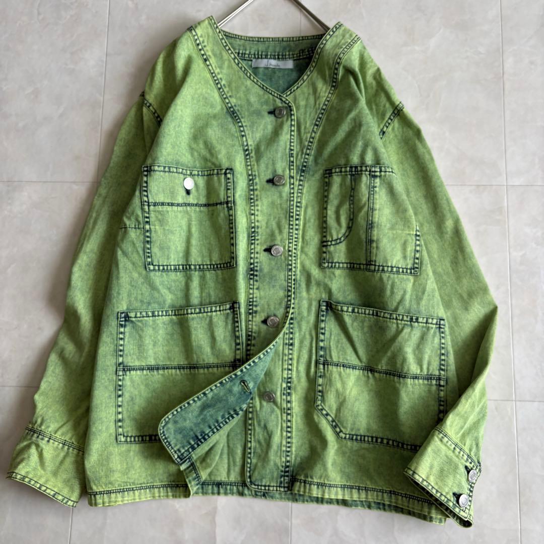 J.branche ノーカラーデニムジャケット 緑 38 綿100 多ポケット