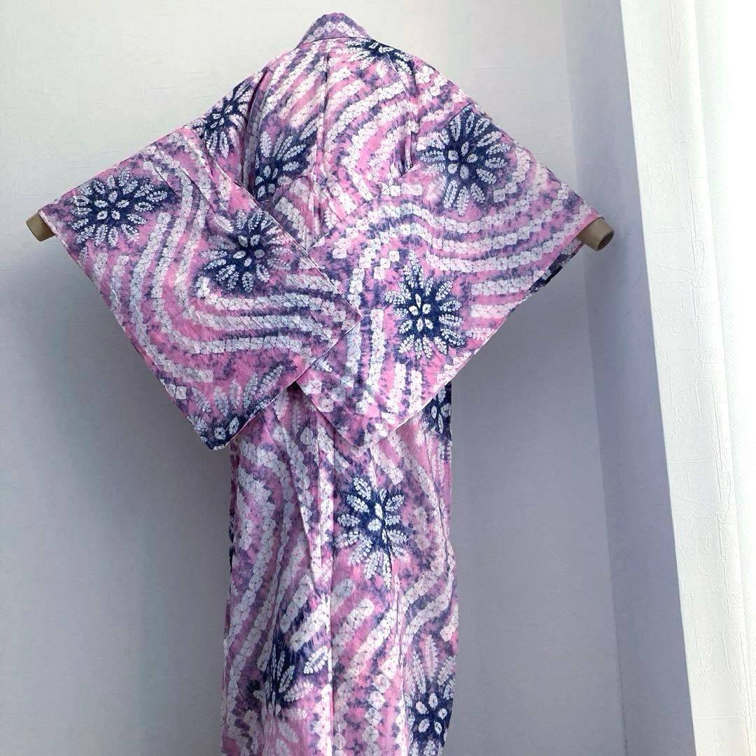 有松絞り浴衣　絞り浴衣　蜘蛛絞り　淡いピンク花模様　手縫　絞り浴衣　No.2-4