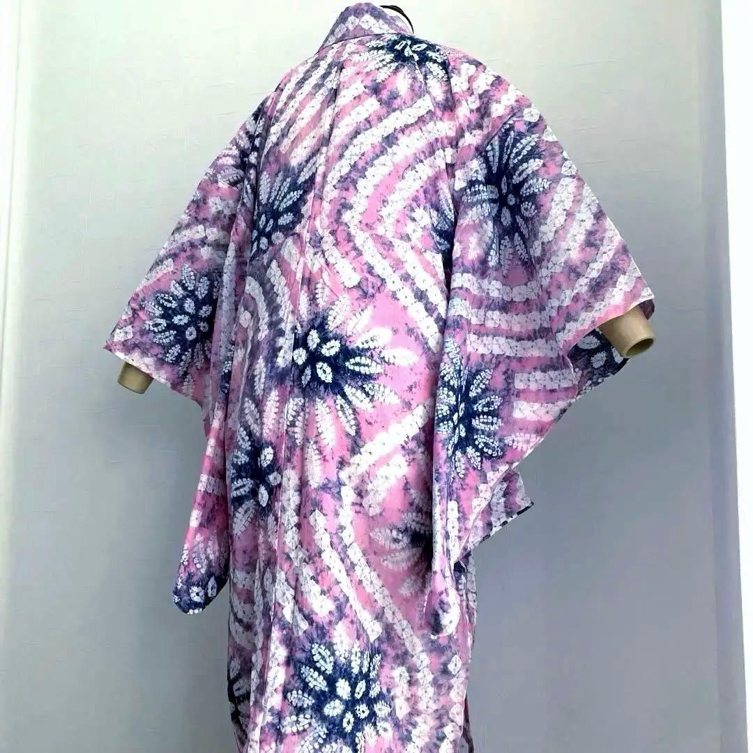 有松絞り浴衣　絞り浴衣　蜘蛛絞り　淡いピンク花模様　手縫　絞り浴衣　No.2-4
