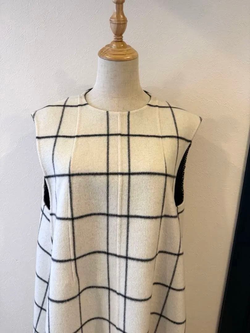 アイボリー ブラックチェック ノースリーブワンピース