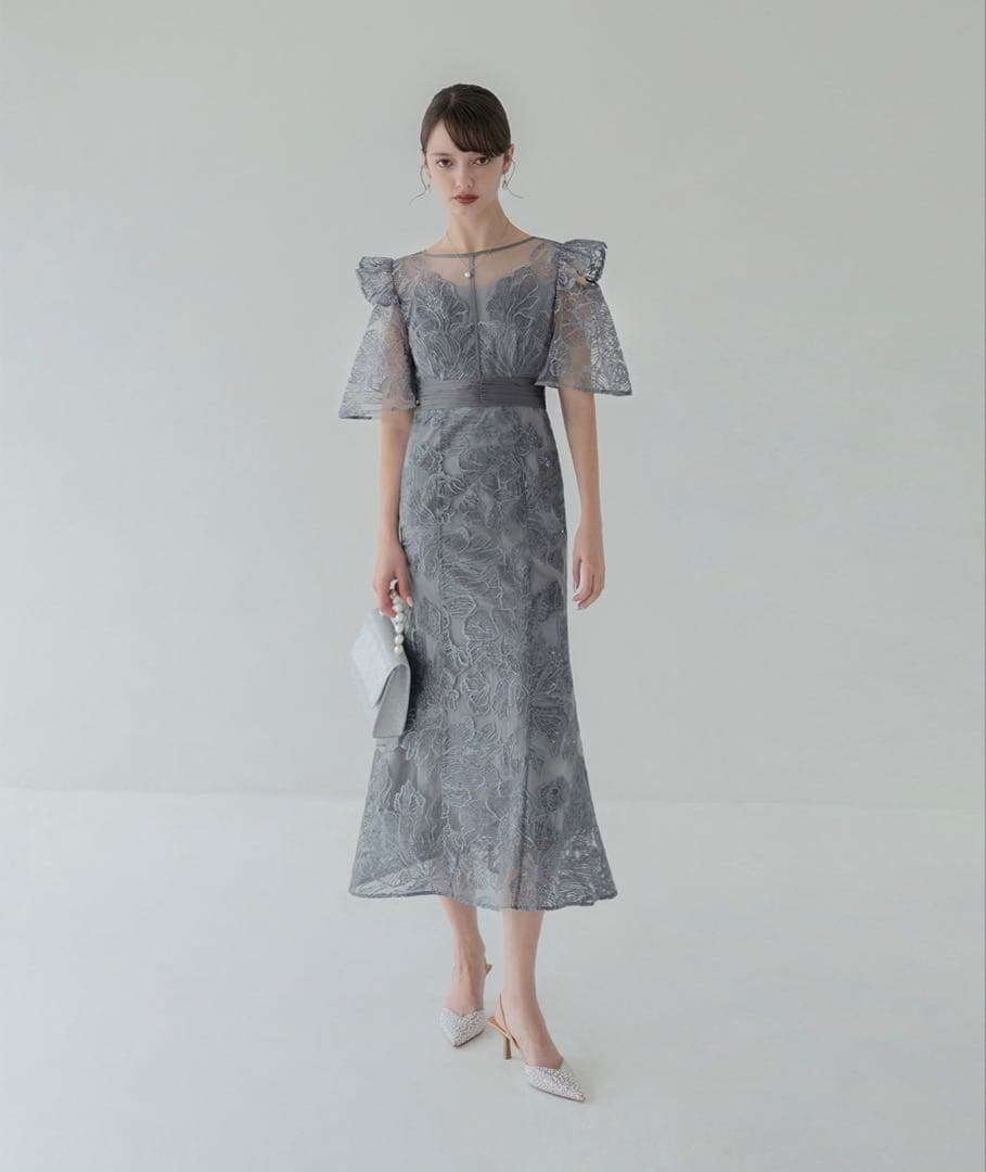 【Leja】フラワーレースシアーフリルマーメイドワンピースドレス