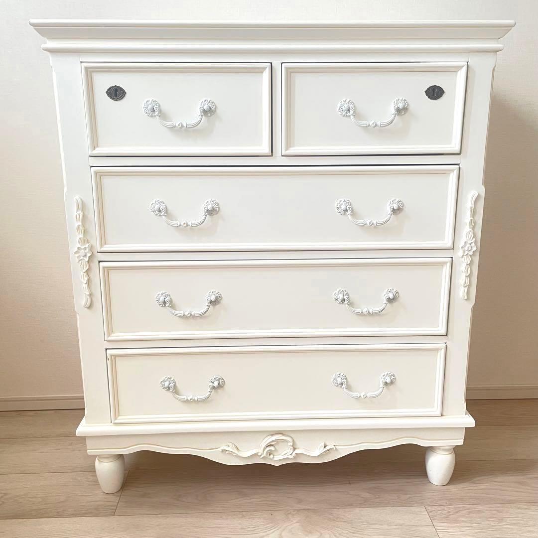 鍵付き アンティーク チェスト ハンプトンIIシリーズ 5D 白家具 姫 ロココ