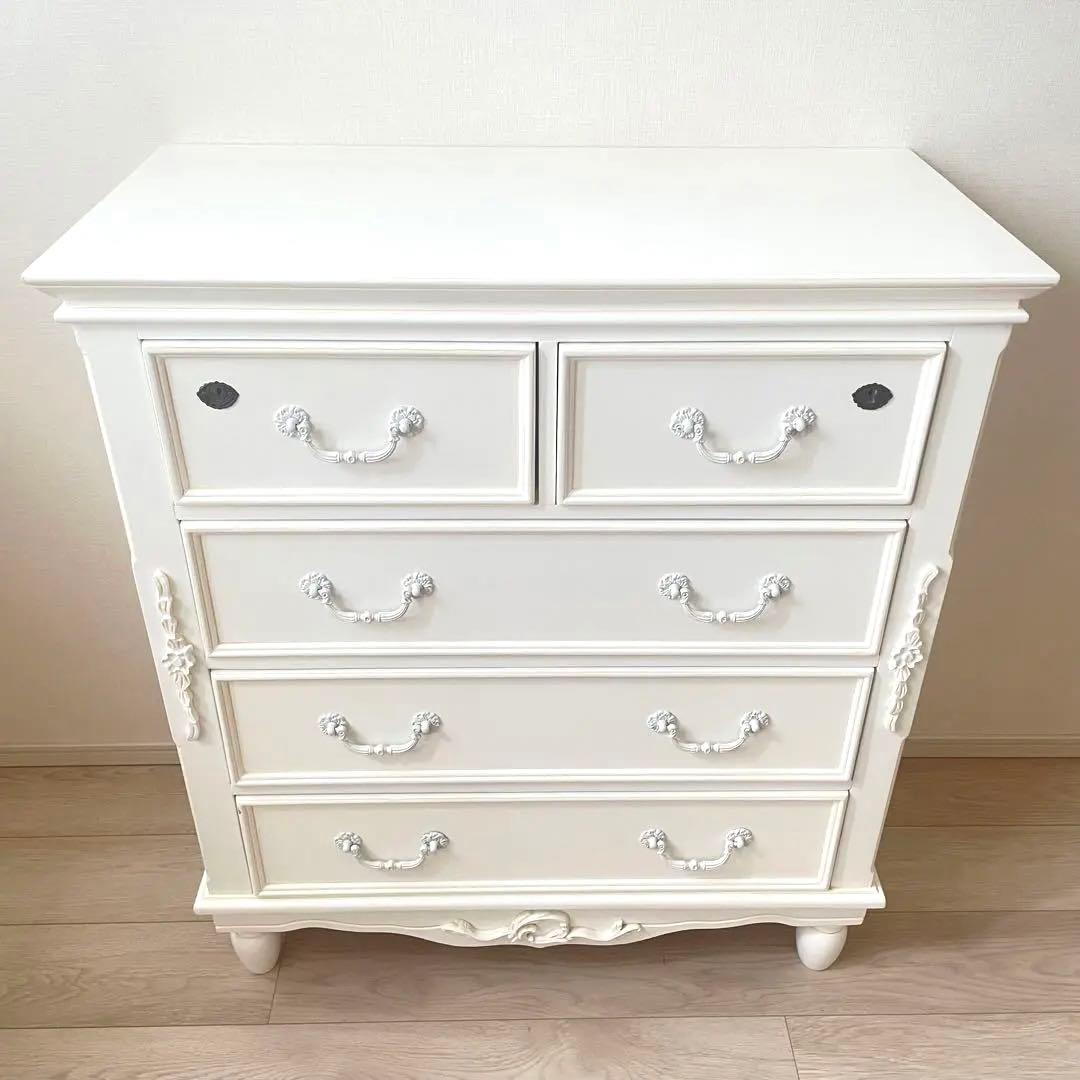 鍵付き アンティーク チェスト ハンプトンIIシリーズ 5D 白家具 姫 ロココ