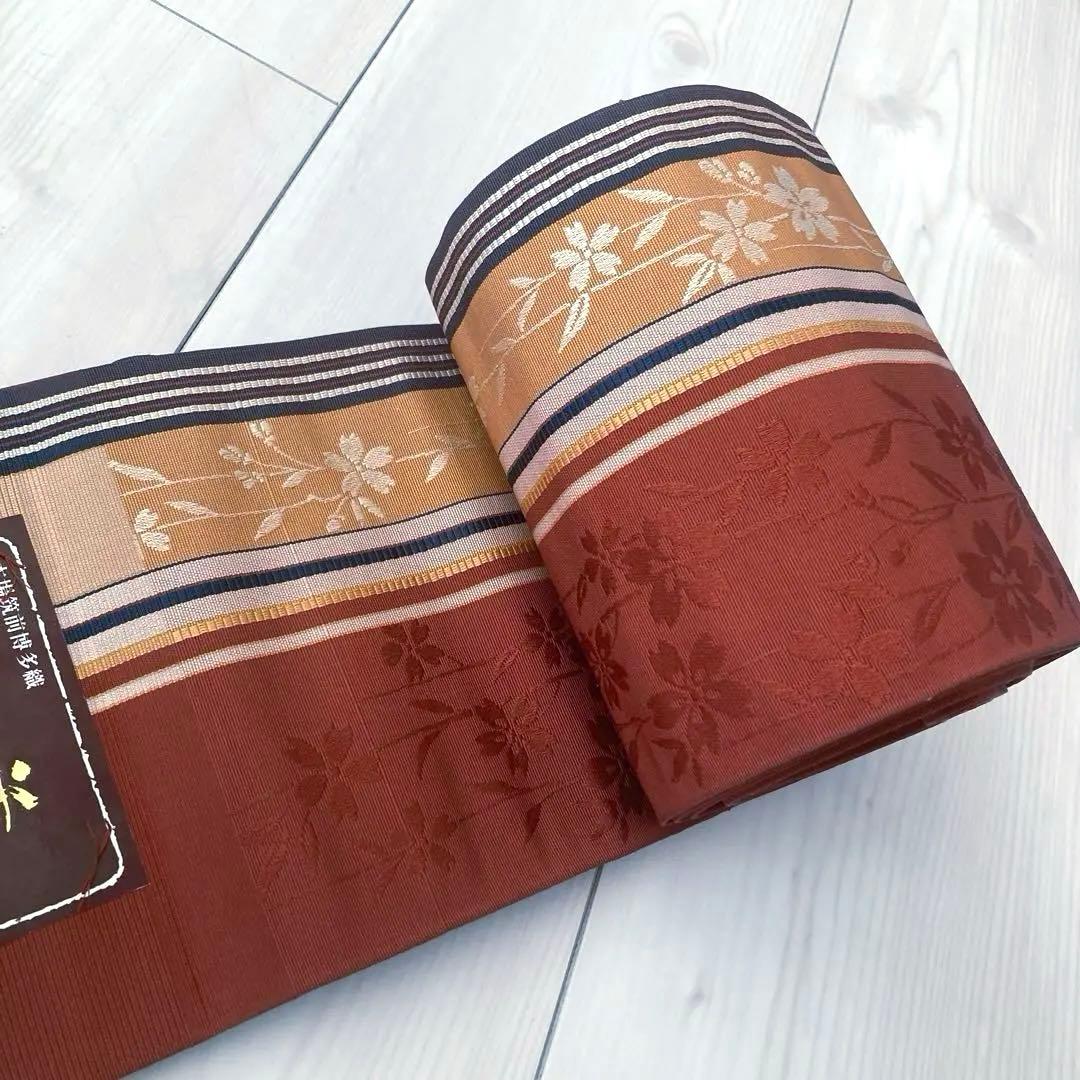 本場筑前博多織　半幅帯　織り出し　花模様　縞模様　未使用 正絹　No.2-22