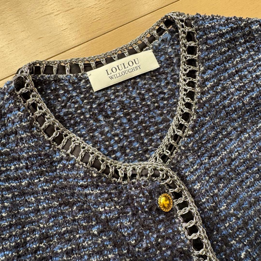 ルルウィルビー 金ボタン ツイード ニット ノーカラー ジャケット ブルー