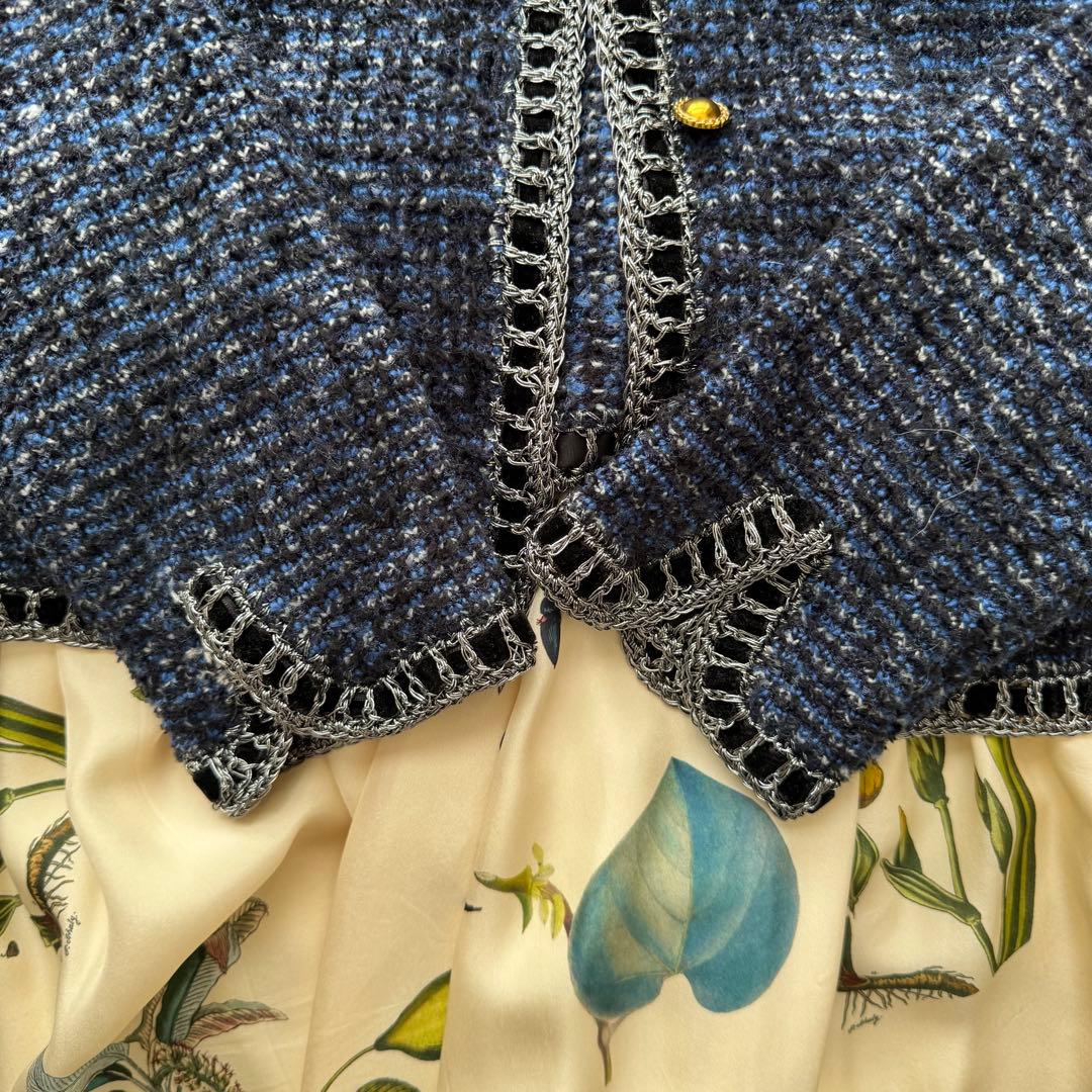 ルルウィルビー 金ボタン ツイード ニット ノーカラー ジャケット ブルー