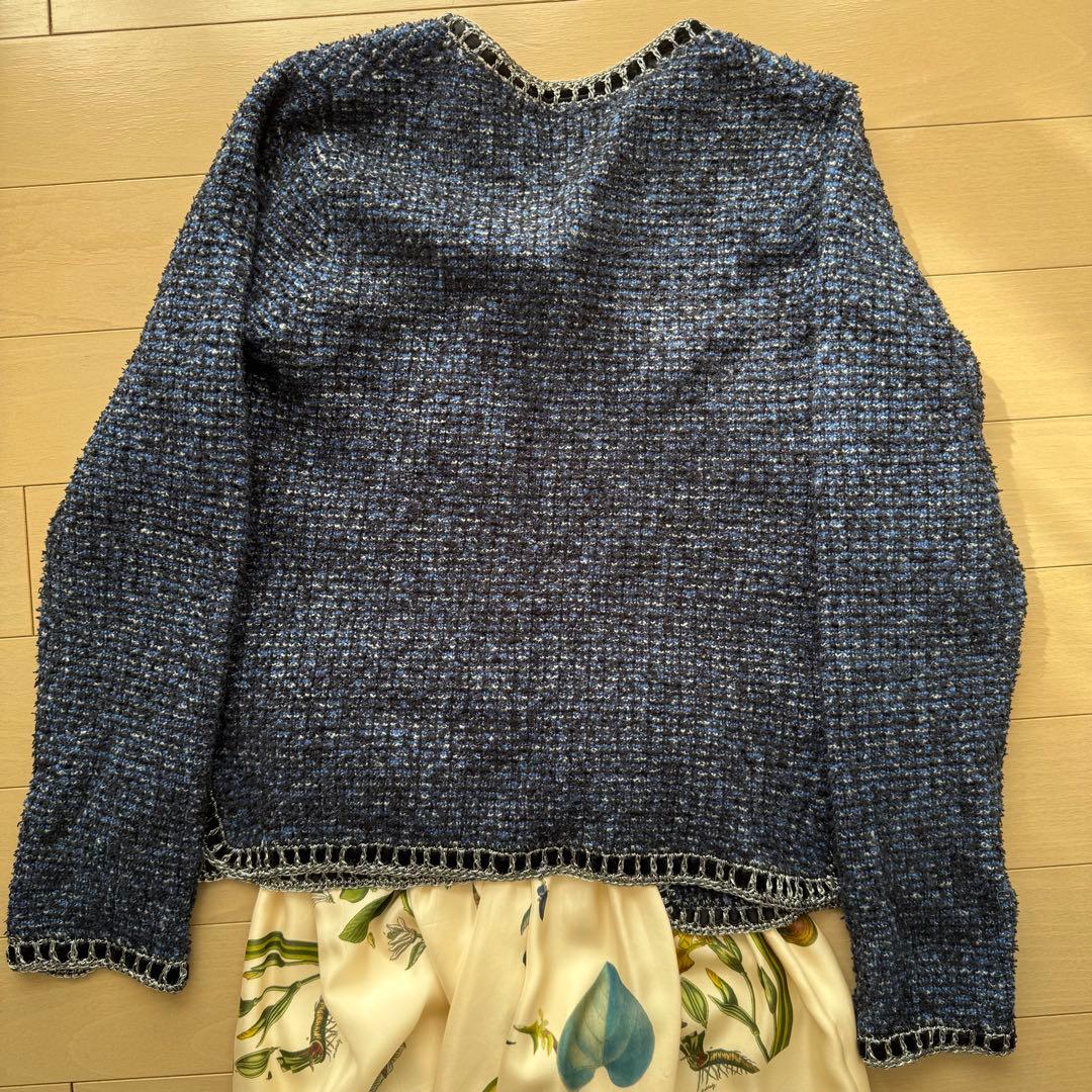 ルルウィルビー 金ボタン ツイード ニット ノーカラー ジャケット ブルー