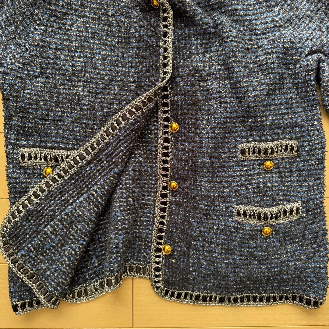 ルルウィルビー 金ボタン ツイード ニット ノーカラー ジャケット ブルー