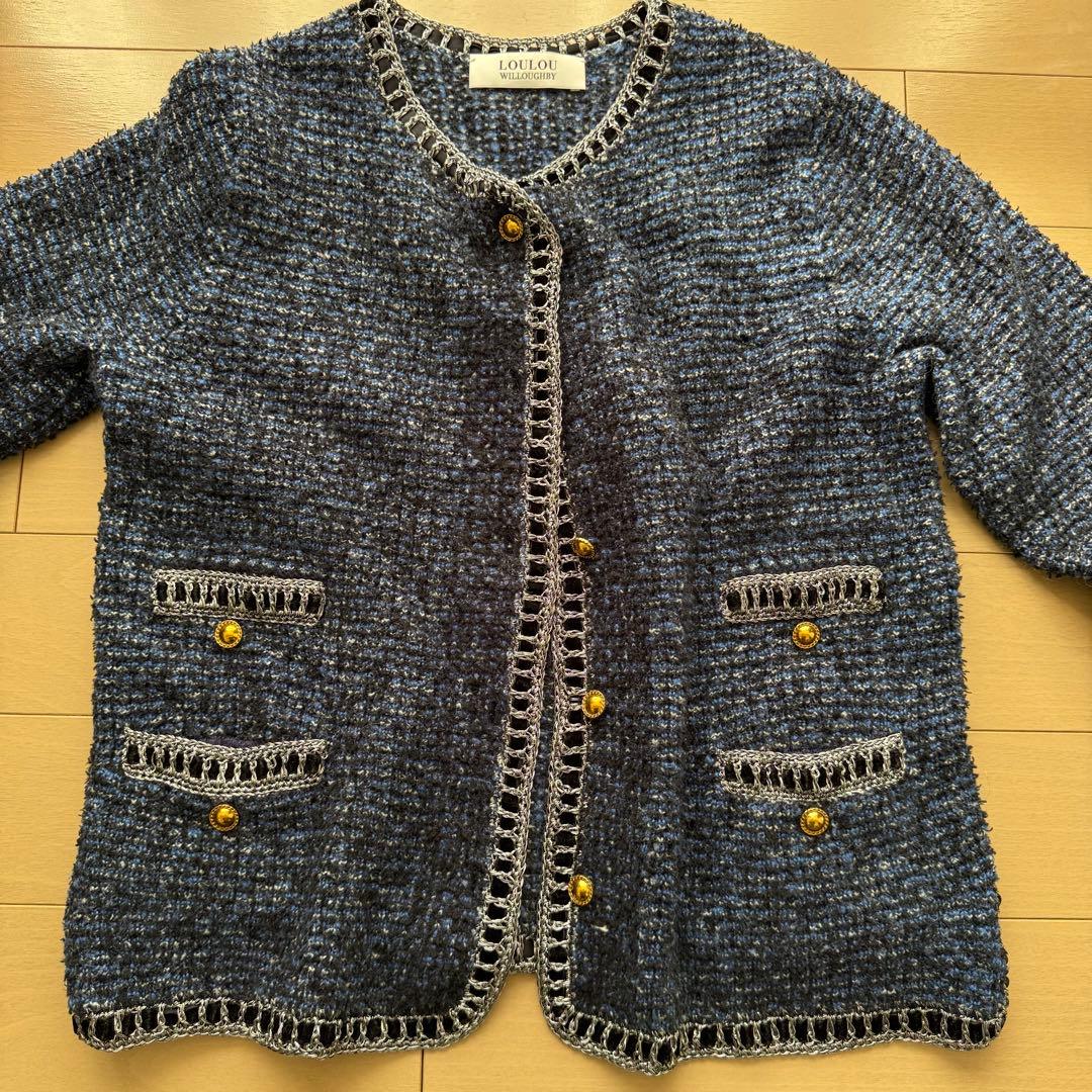 ルルウィルビー 金ボタン ツイード ニット ノーカラー ジャケット ブルー