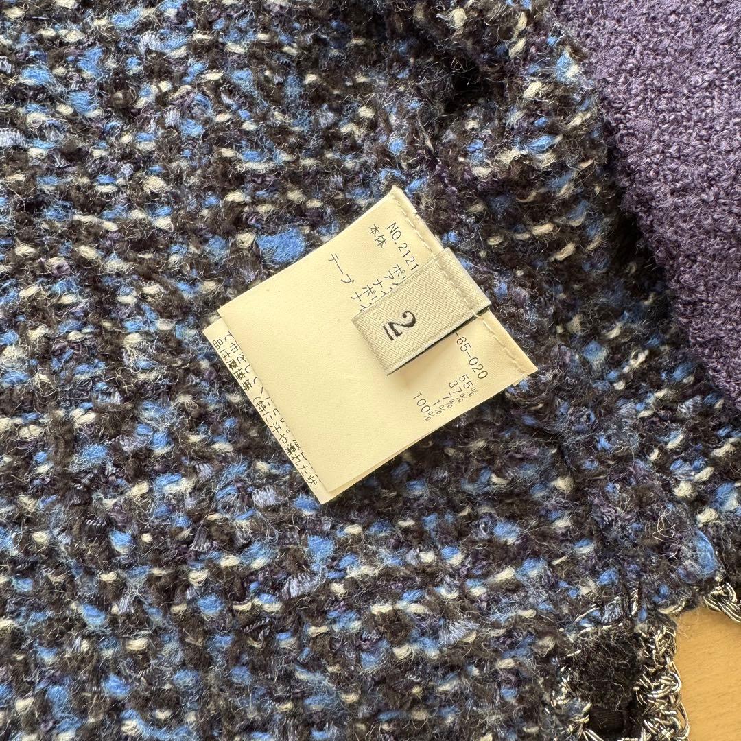 ルルウィルビー 金ボタン ツイード ニット ノーカラー ジャケット ブルー