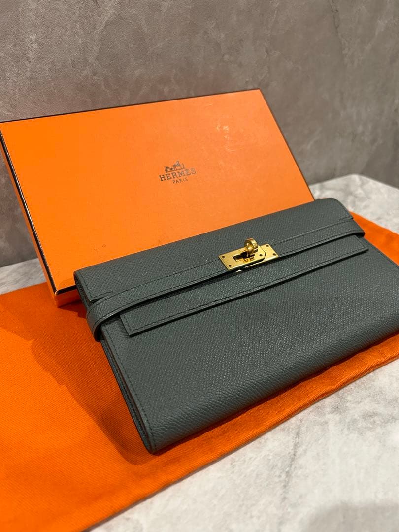 【貴重カラー】 エルメス ケリーウォレット ロング ヴェールアマンド エプソン