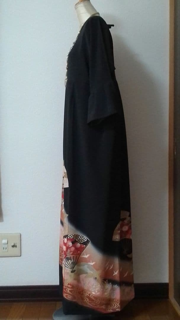 着物リメイクワンピース 留袖ドレス 扇子 落款あり作家物
