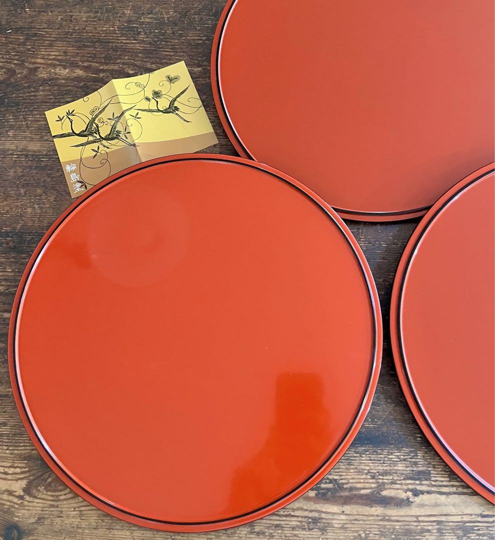 輪島塗３枚セット円形漆器膳 （布着本堅地）丸盆