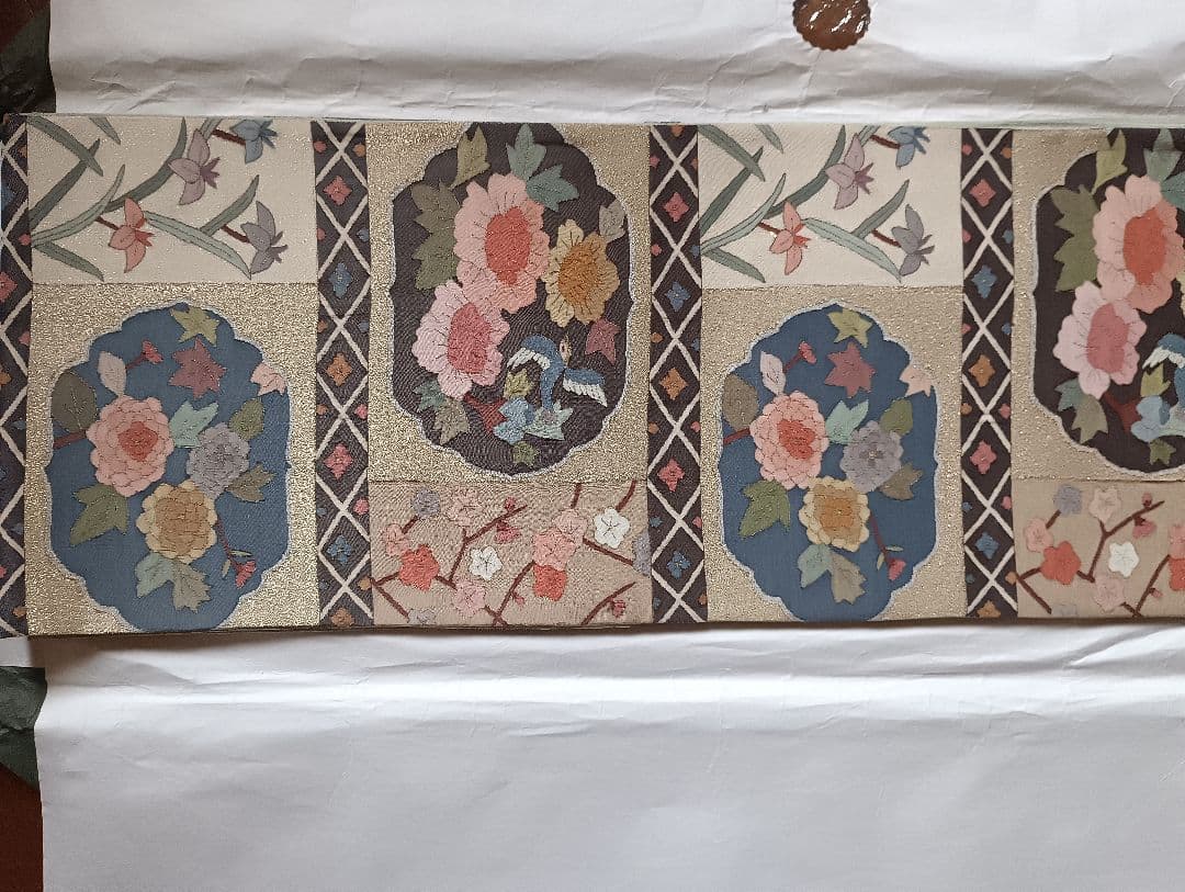 花柄と鳥の刺繍 袋帯