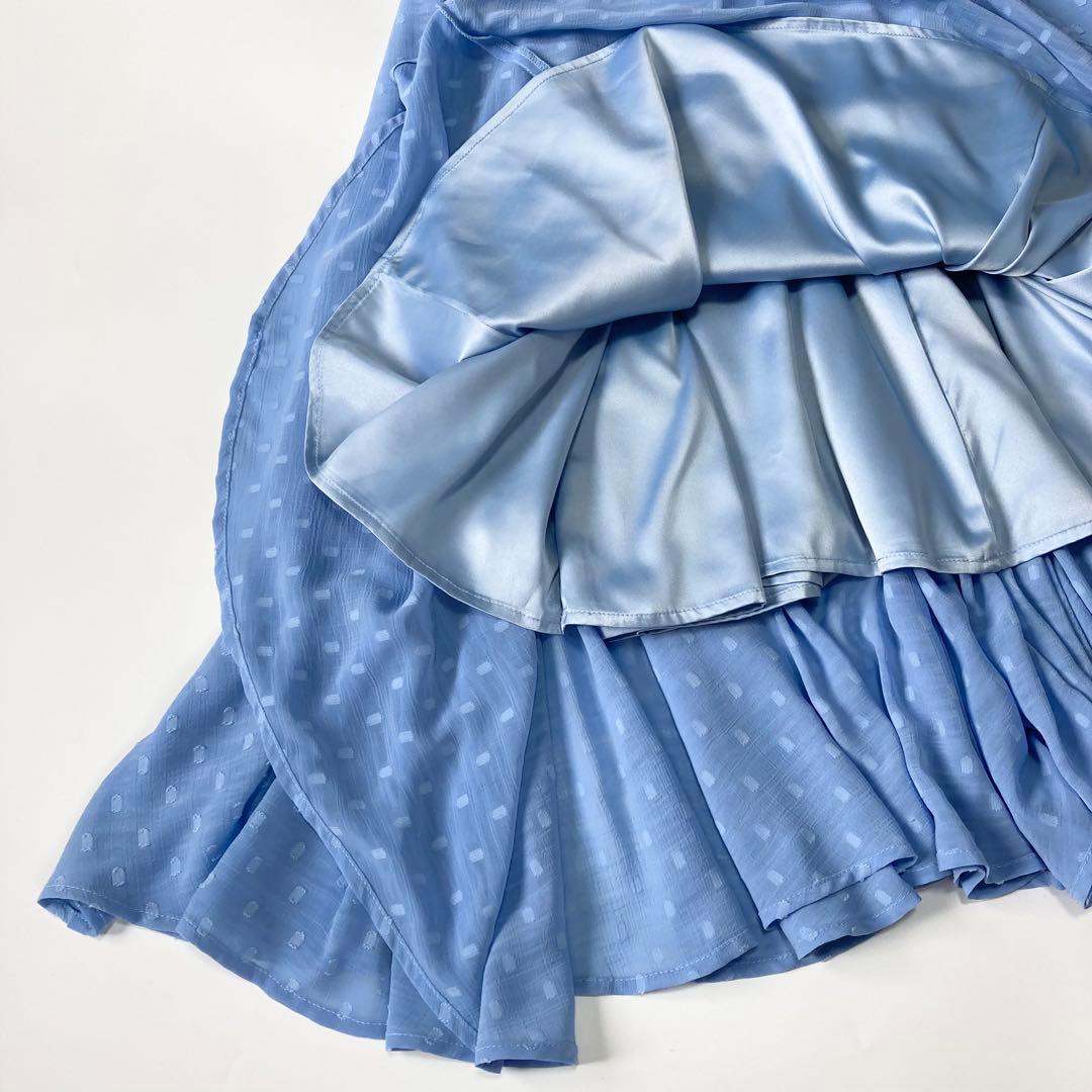 （v6）ジェンヌ　刺繍ドット　フレアワンピース　ブルー　サイズXL 丈120