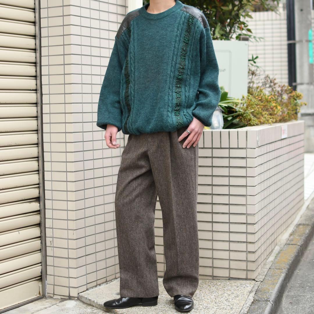 古着 ツイード ネップ タックパンツ スラックス ウールパンツ ブラウン 茶色