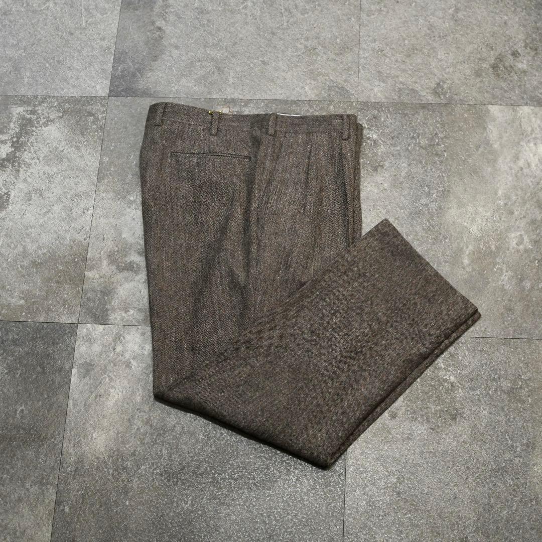 古着 ツイード ネップ タックパンツ スラックス ウールパンツ ブラウン 茶色