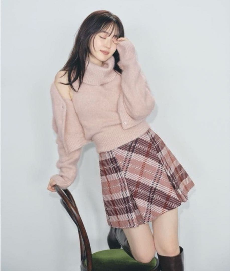 【美品】SNIDEL ロービングチェックミニスカート 2 ピンク系　冬物