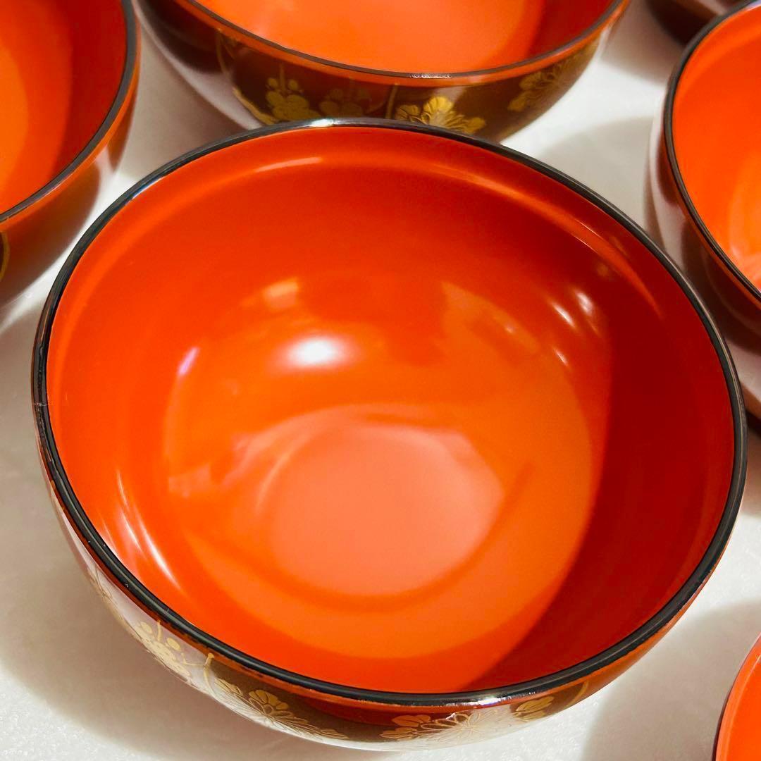 ⭐️ 会津塗 天然木加工品 四君子蒔絵 朱内朱 蓋付きお吸物椀揃 5客 ⭐️