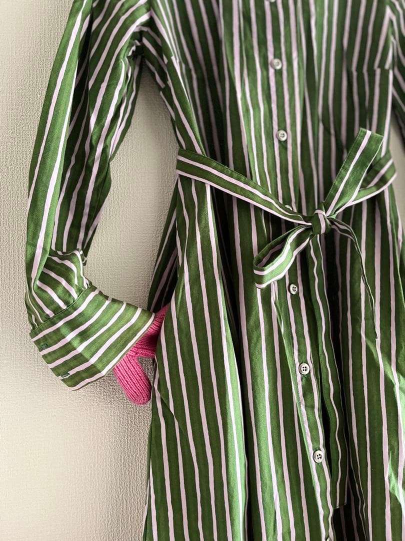 marimekko ピッコロ　緑とピンクの シャツワンピース 36