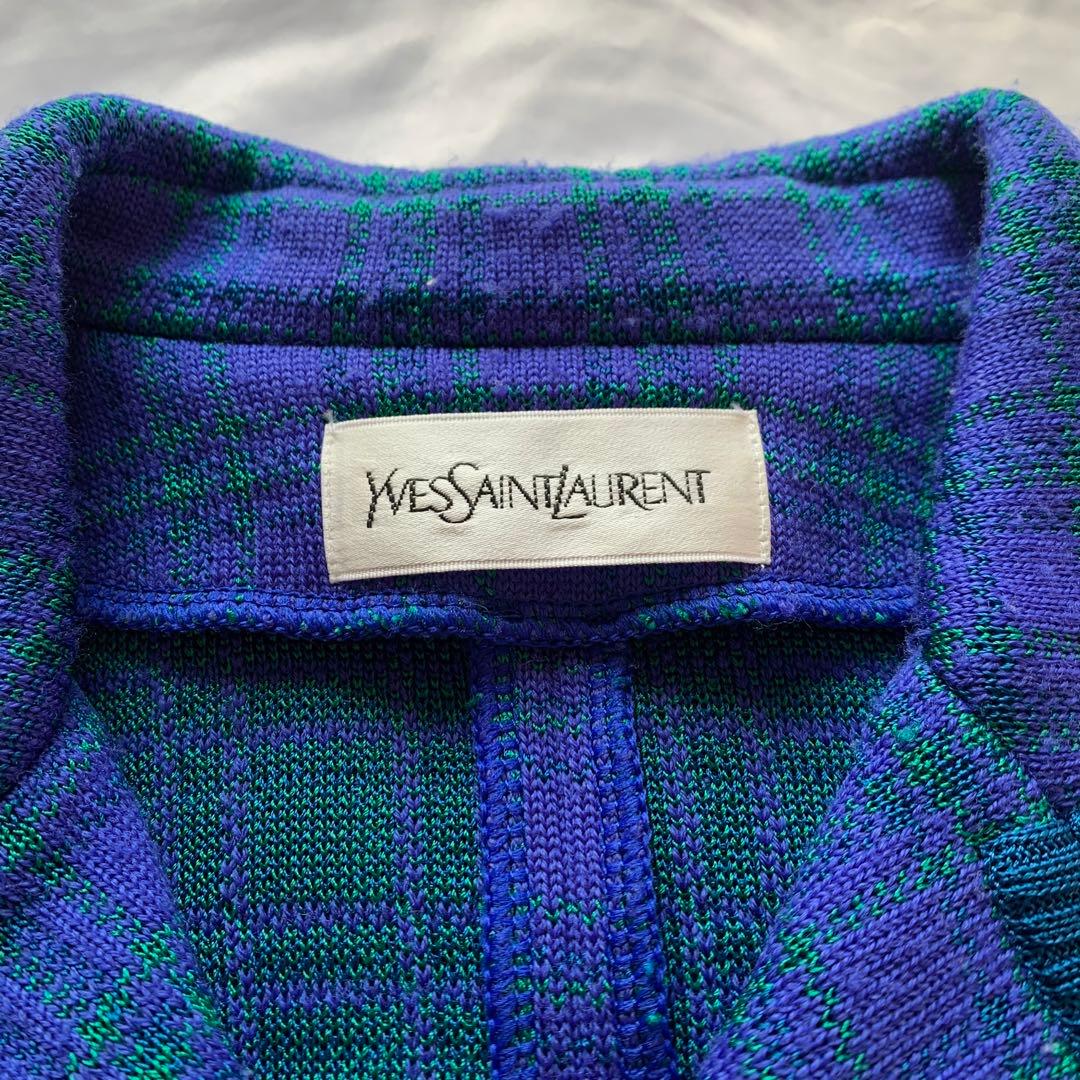 YSL チェック柄 ニット ジャケット 金ボタン ブルー × グリーン