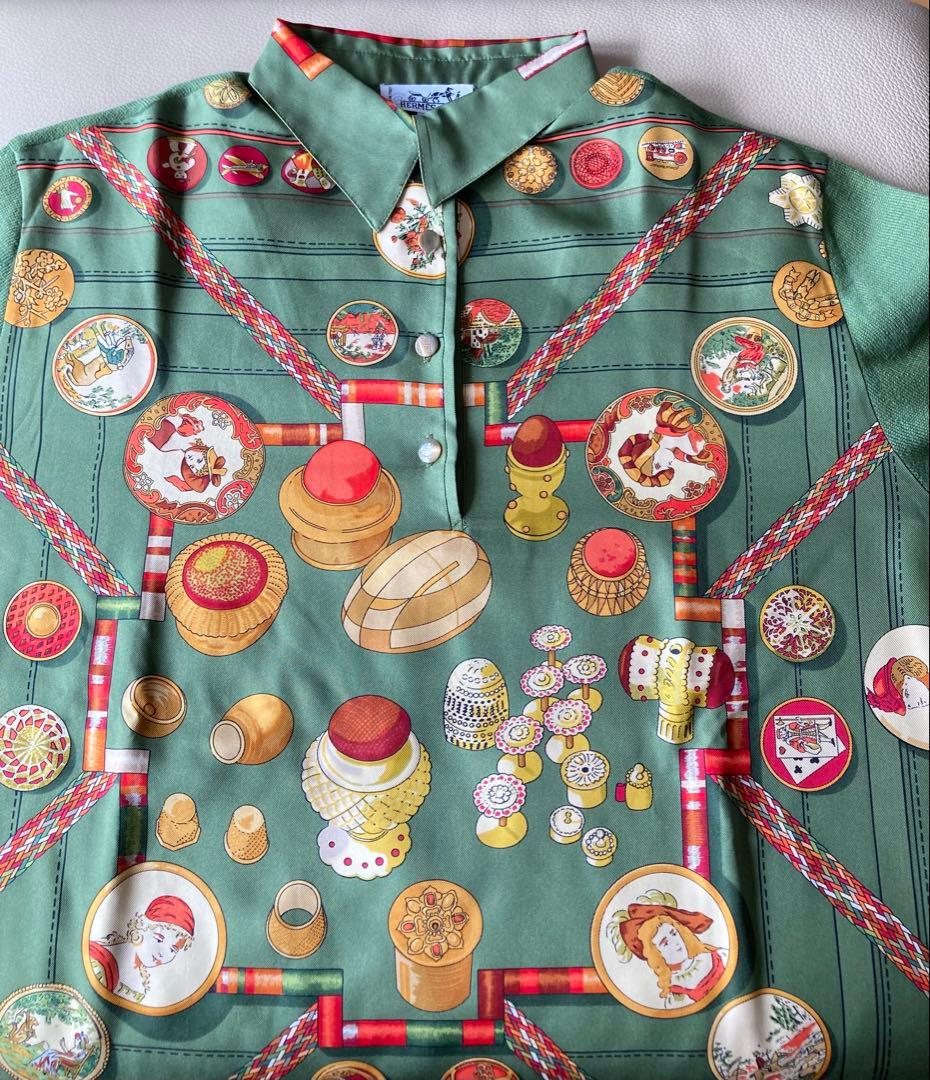 HERMES エルメス 総柄ニット切替ポロシャツ シルク/コットン/カシミヤ L