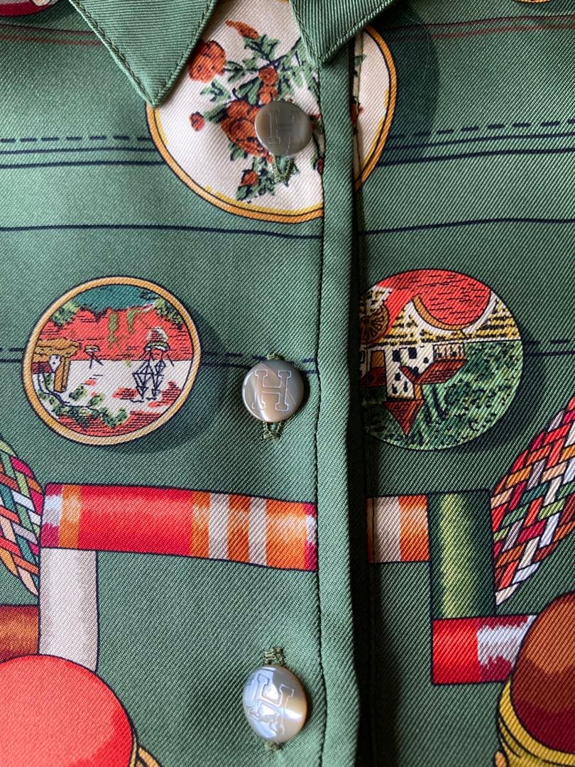 HERMES エルメス 総柄ニット切替ポロシャツ シルク/コットン/カシミヤ L