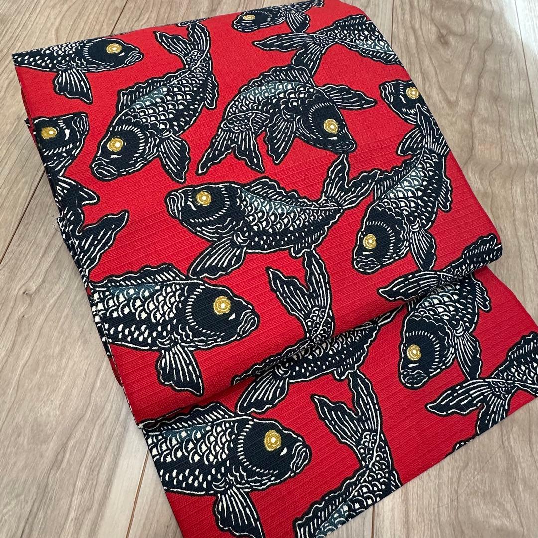 超美品　正絹　着物 和服　名古屋帯　赤　紺　鯉　371 アンティーク　個性的