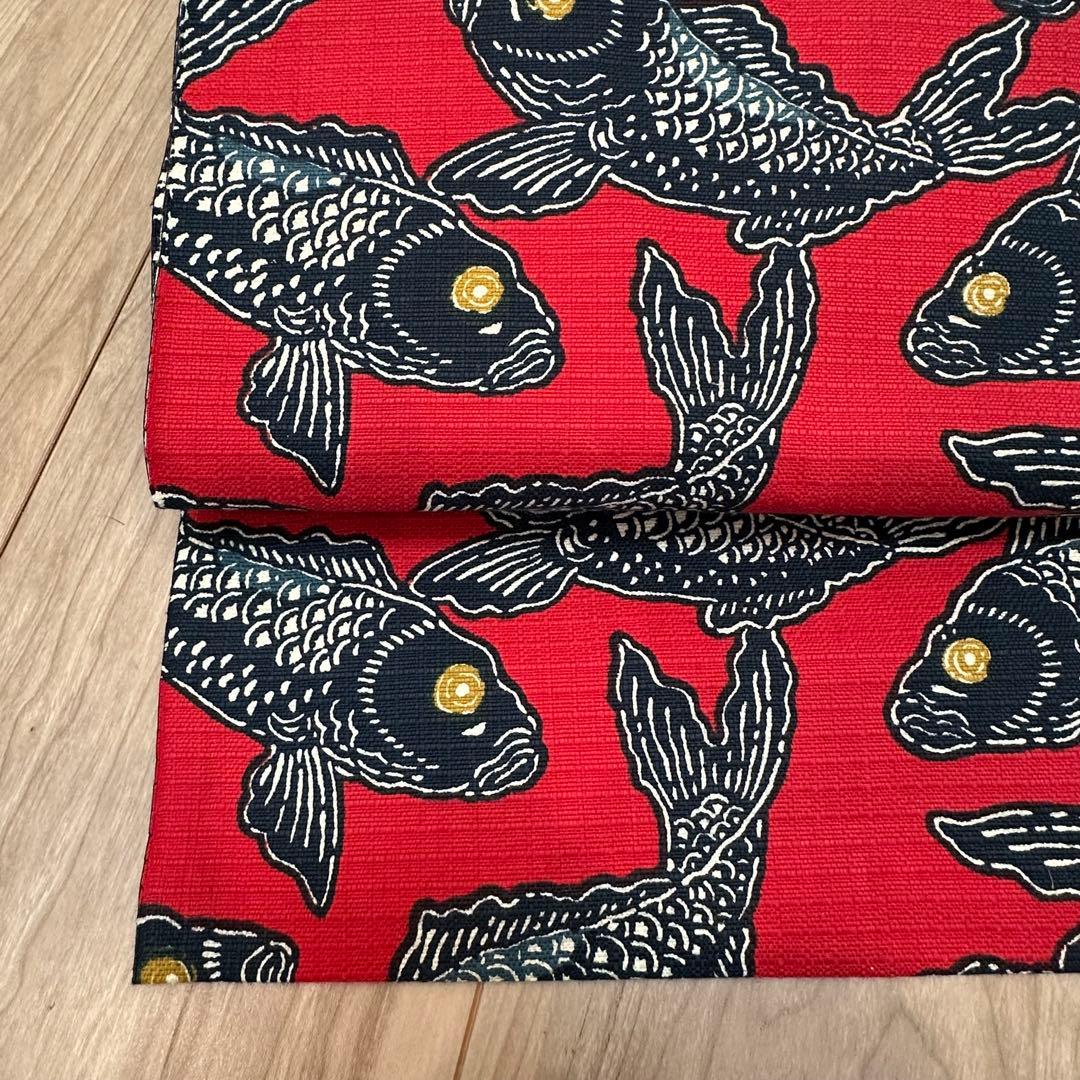 超美品　正絹　着物 和服　名古屋帯　赤　紺　鯉　371 アンティーク　個性的