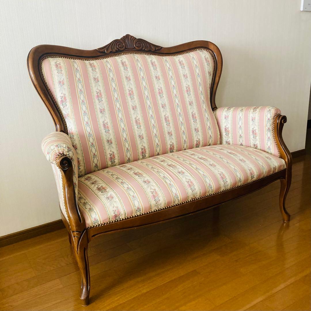 ꧁姫家具꧂ ロココ様式　木製花柄アームチェア　二人掛けソファー　猫脚　ダブル