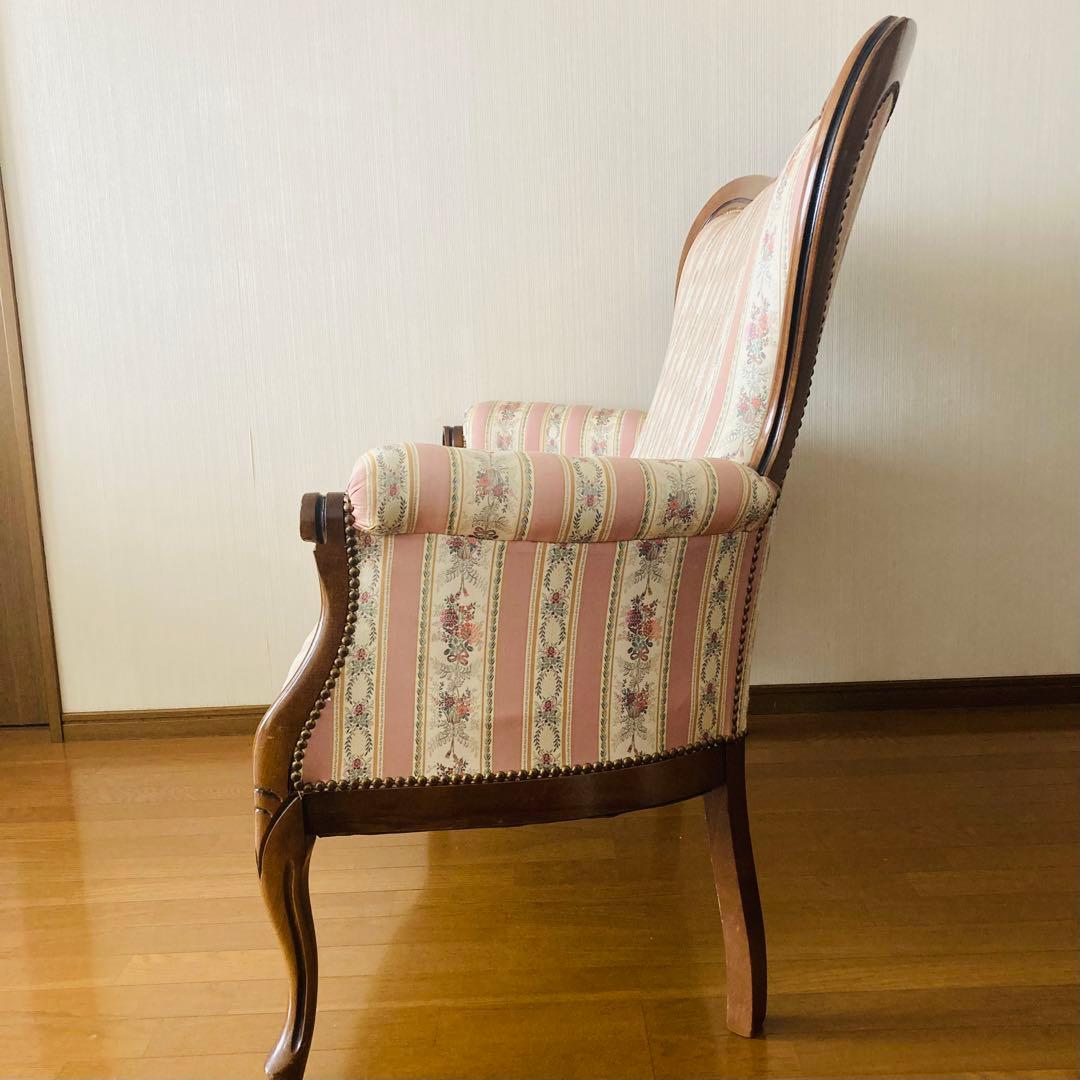꧁姫家具꧂ ロココ様式　木製花柄アームチェア　二人掛けソファー　猫脚　ダブル