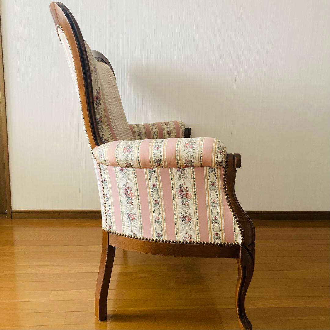 ꧁姫家具꧂ ロココ様式　木製花柄アームチェア　二人掛けソファー　猫脚　ダブル