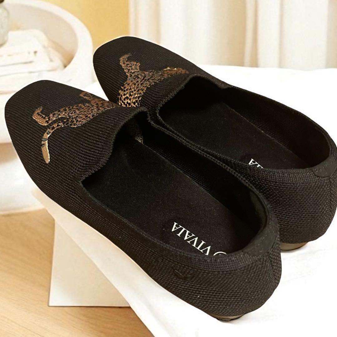 美品 VIVAIA スクエアトゥ ニット パンプス チーター ブラック　37