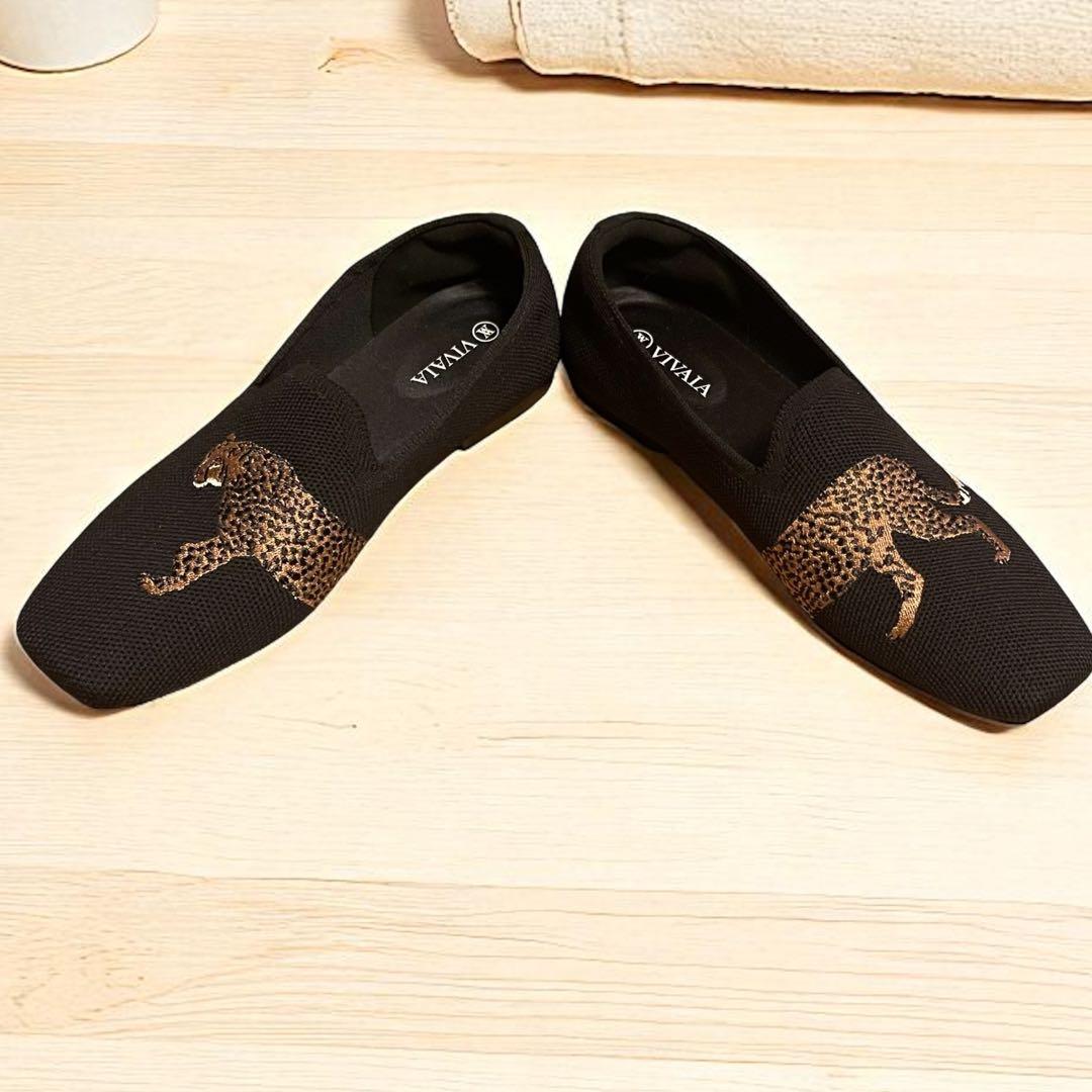 美品 VIVAIA スクエアトゥ ニット パンプス チーター ブラック　37