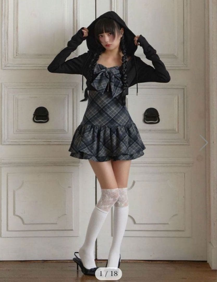 BUBBLES チェックパーカーワンピース ブラックS