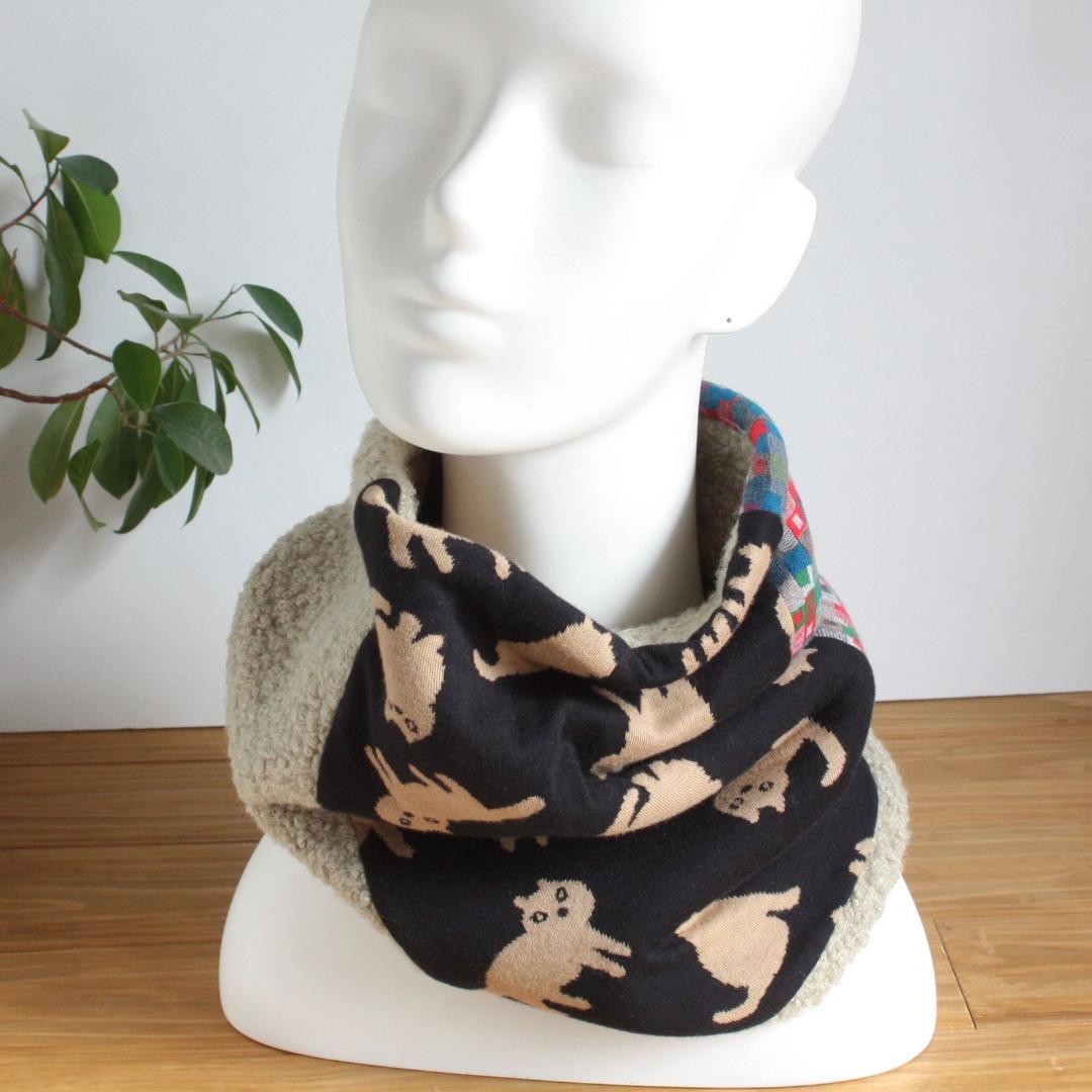 TOHIKO　ものすごい幅広ターバン ネコ＆ブロックチェック＆ループボア