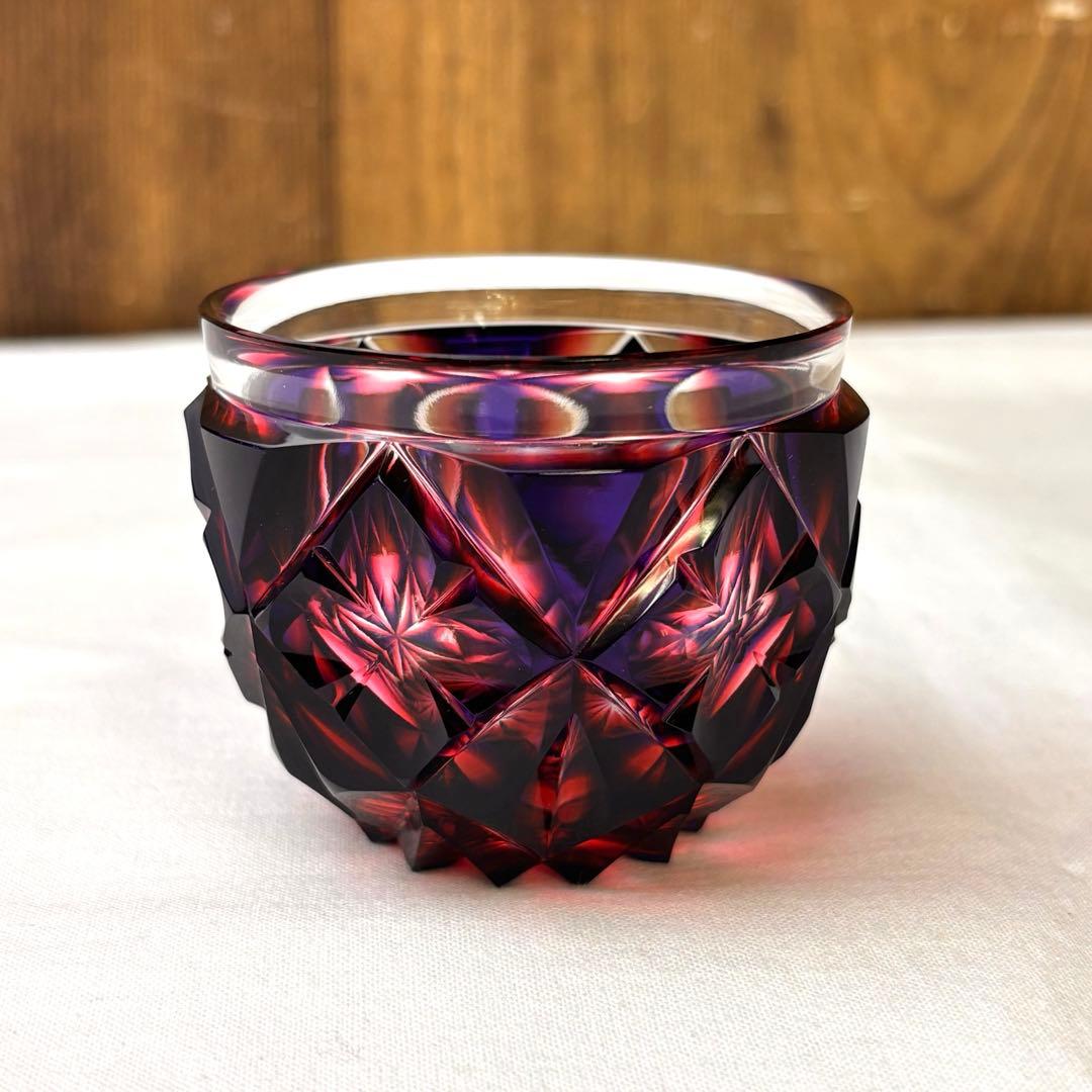 二色衣 島津薩摩切子 二色被せガラス 切子猪口 赤