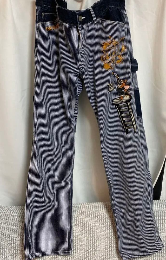 チ*ー様 バンソン　トムとジェリー　刺繍　デニム　ジーンズヒッコリー　濃紺　34